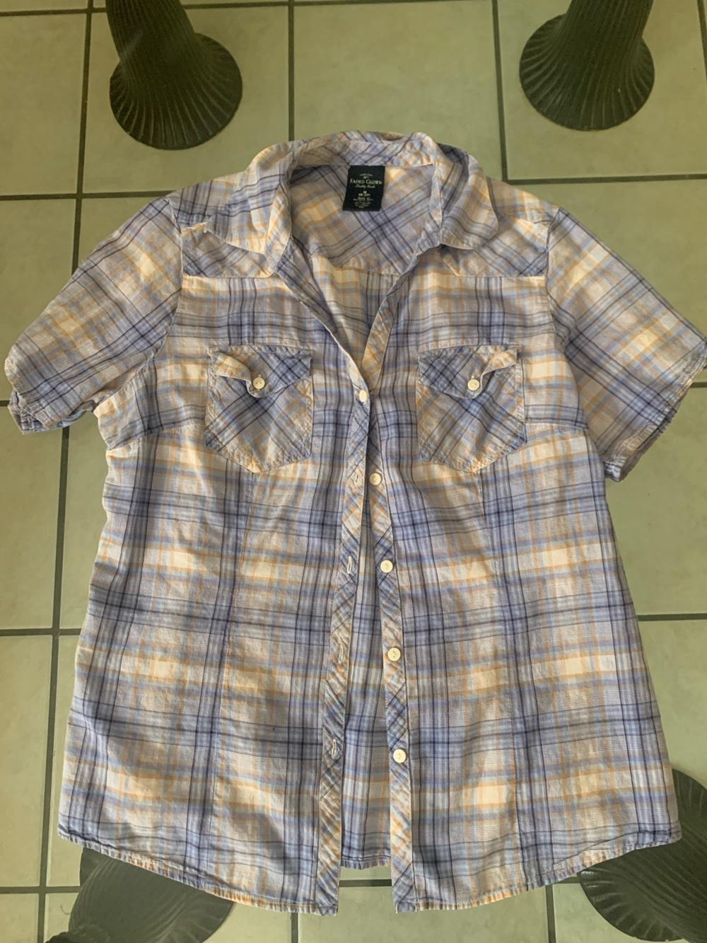 Faded Glory Light Blue Plaid Short-Sleeve Button-Down Top